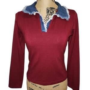 Vntg 90s Y2K Z.ro Cropped V-Neck Fringed Top LARGE Made USA Preppy Casual Retro